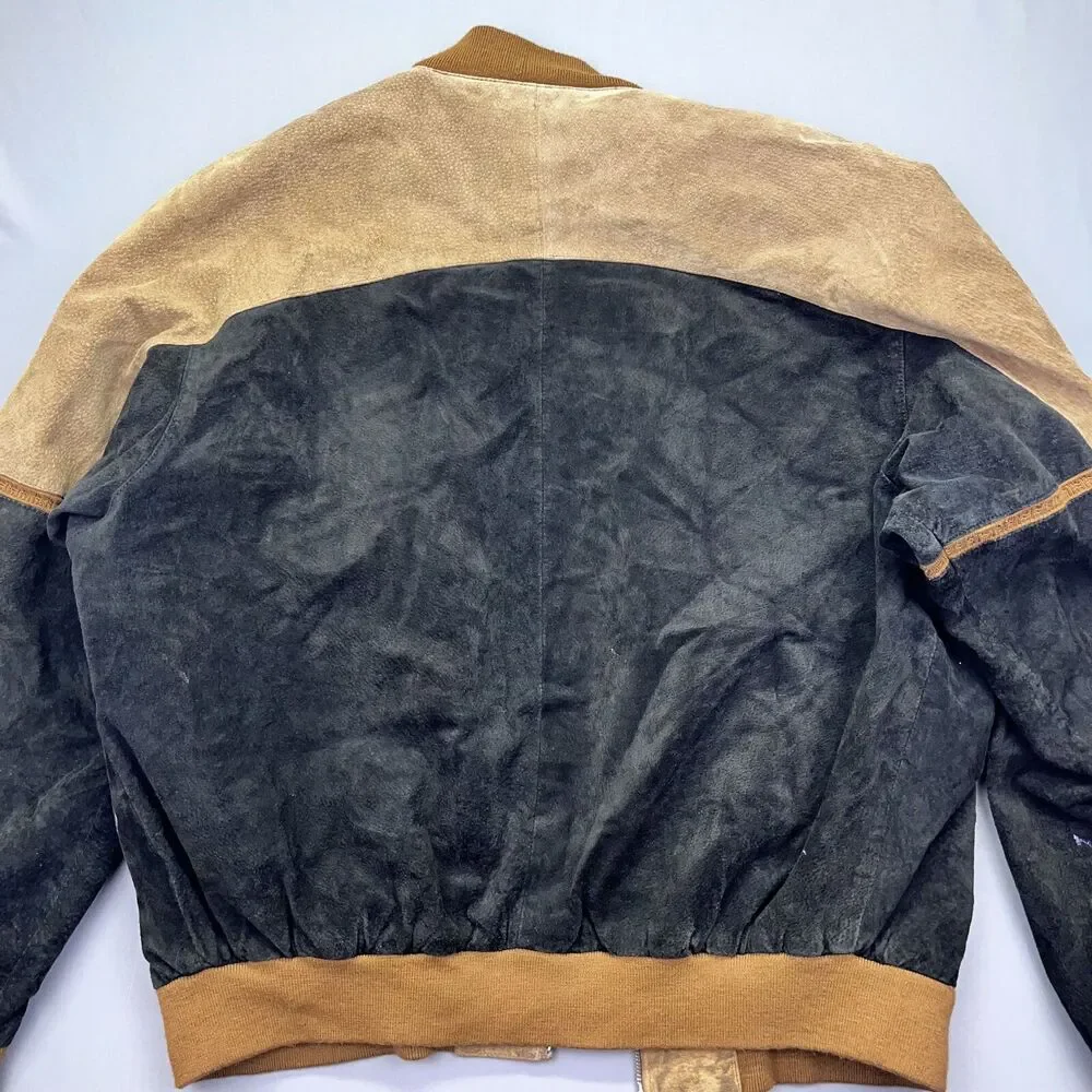 Vintage Tuskany Leather brown black patch pattern bomber jacket XL‎ - No ZIP